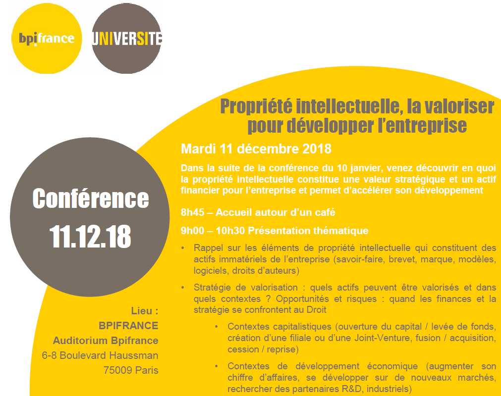 PROPRIETE INTELLECTUELLE, LA VALORISER POUR DÉVELOPPER L’ENTREPRISE